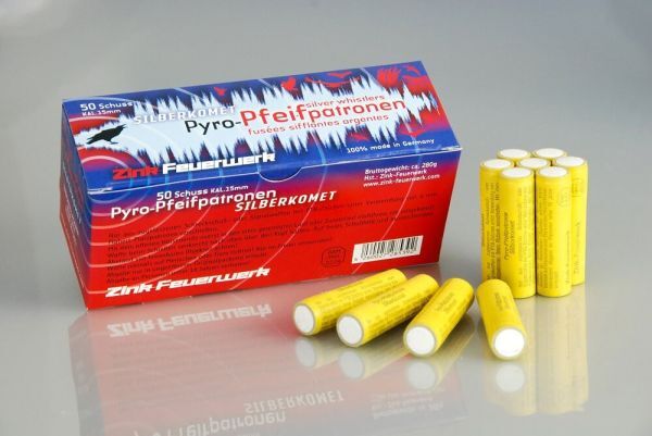 Zink Feuerwerk 15mm Pfeifpatronen mit Silberkomet, 50 Schuss